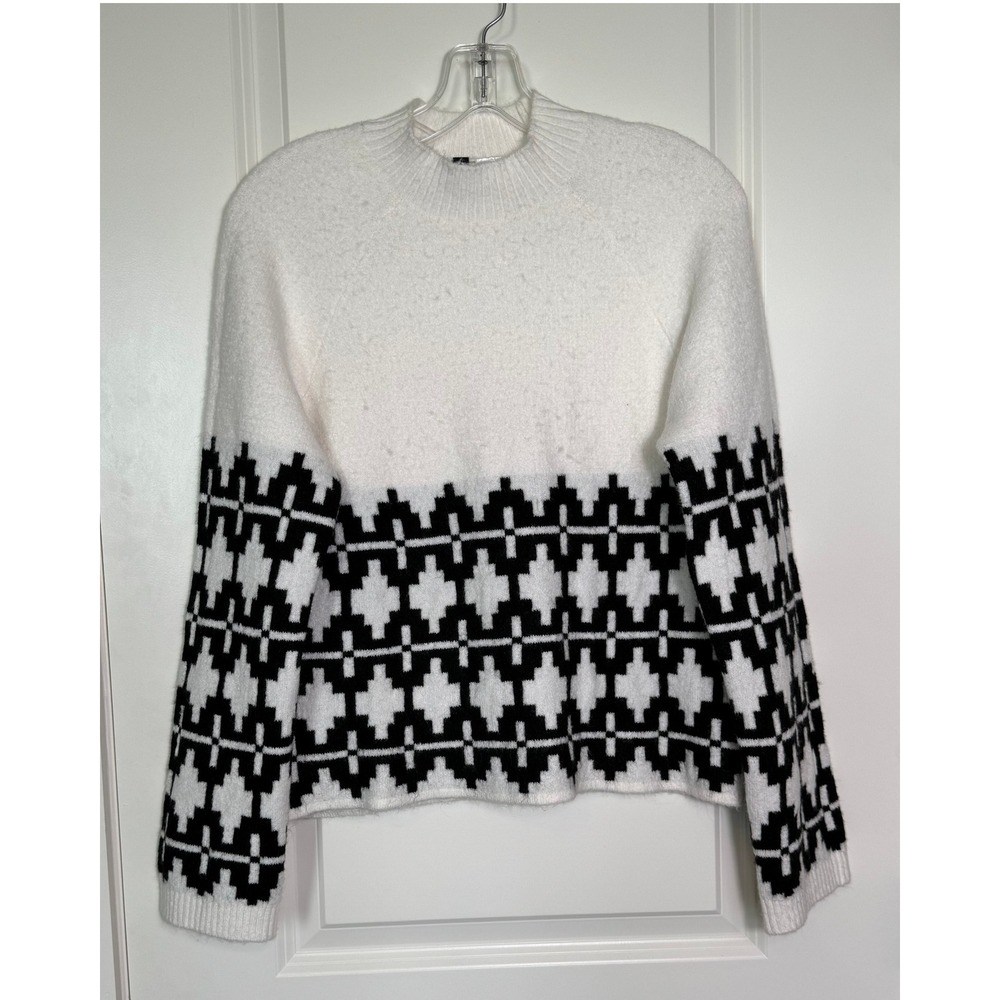 Divided Womens Sweater Small White Black‎ Geometric Mock Neck Knit Pullover